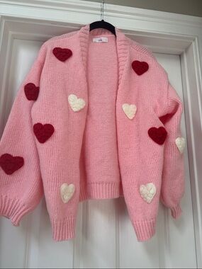 Pink Heart Appliqué Open Cardigan Sweater